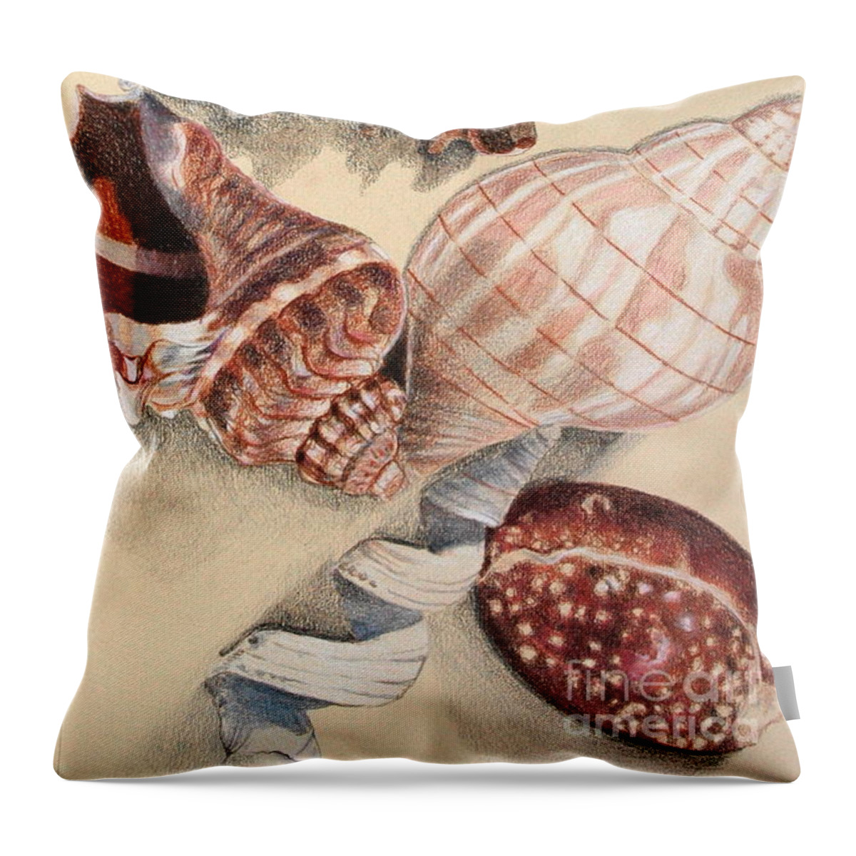 Shell Throw Pillow featuring the drawing Vertical Conch Shells by Glenda Zuckerman