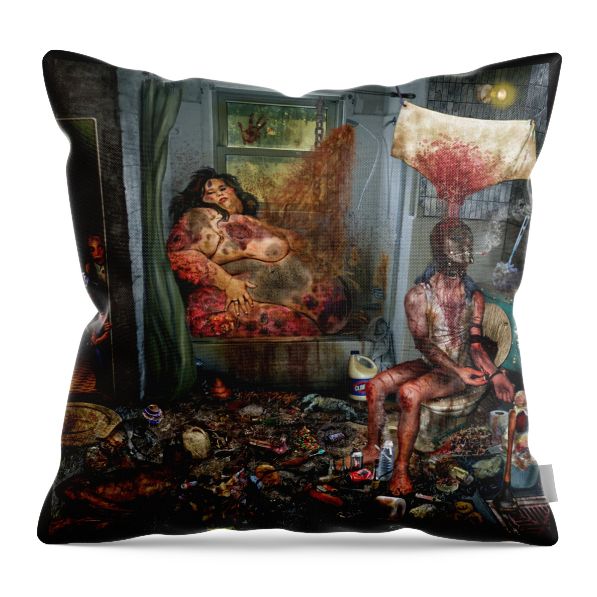 The Mung Throw Pillow featuring the mixed media Vile World to View by Tony Koehl