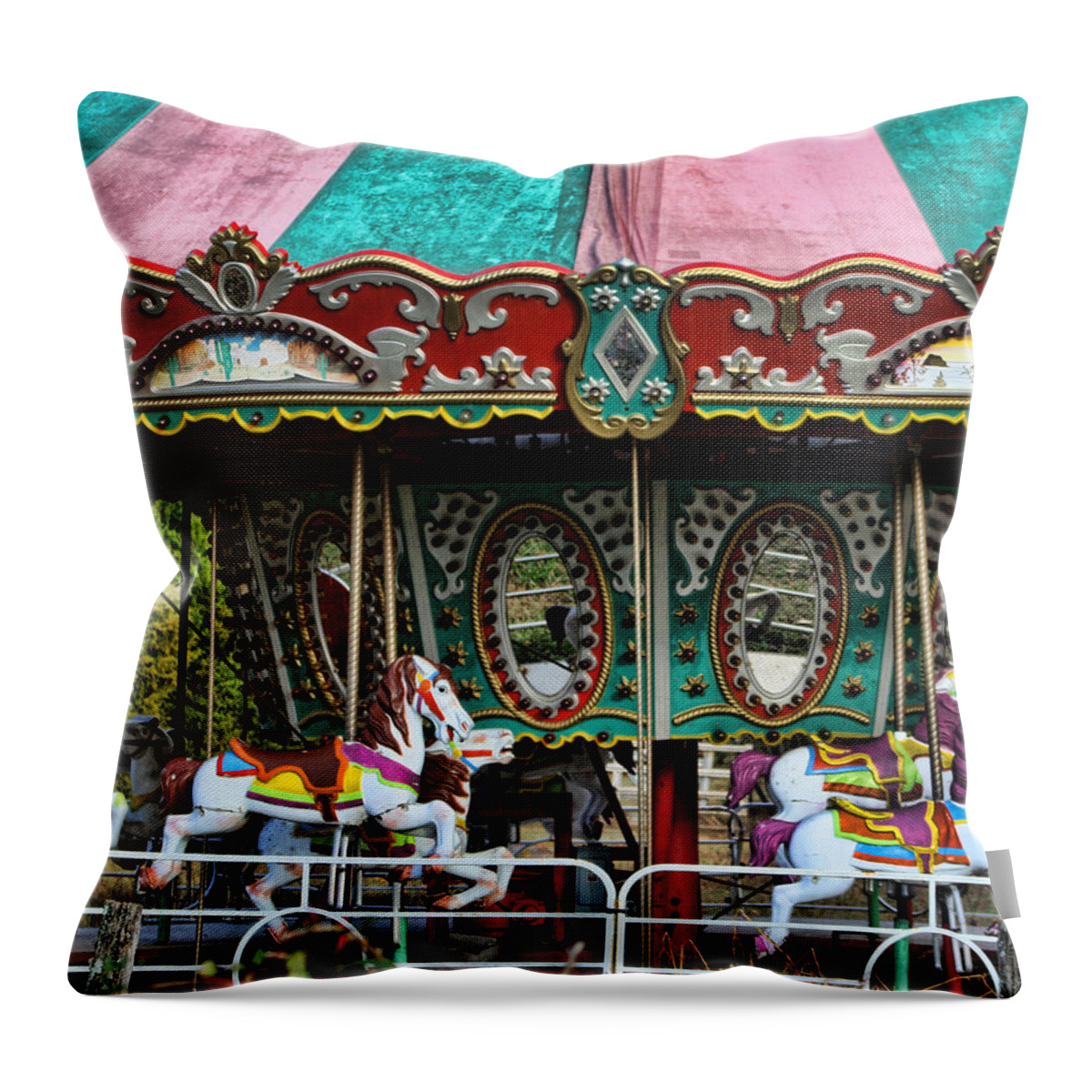 Merry-go-round Throw Pillow featuring the photograph Vintage Circus Carousel - Merry-Go-Round by Kathy Clark