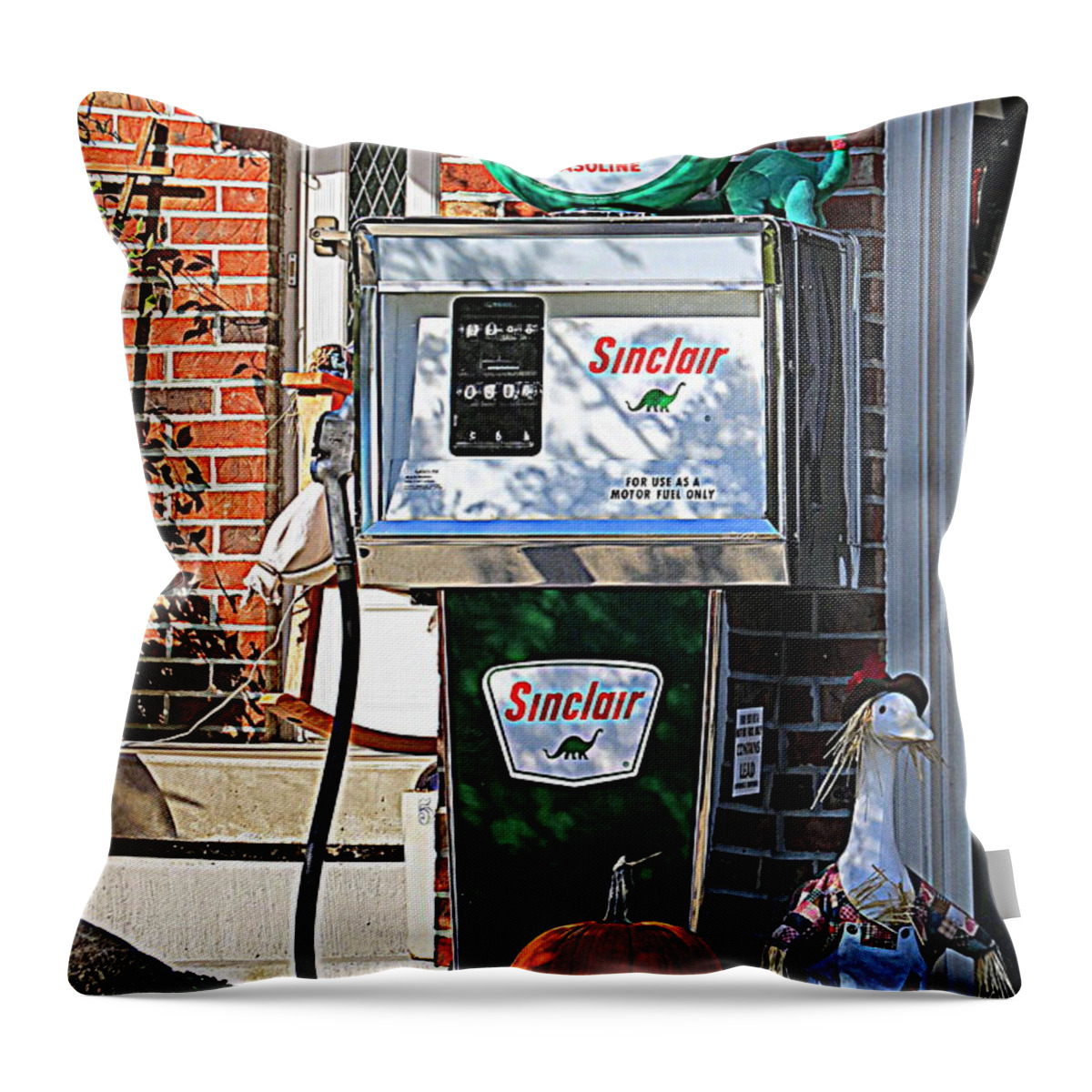 Vintage Throw Pillow featuring the photograph Vintage Sinclair Dino Gas Pump by Kay Novy