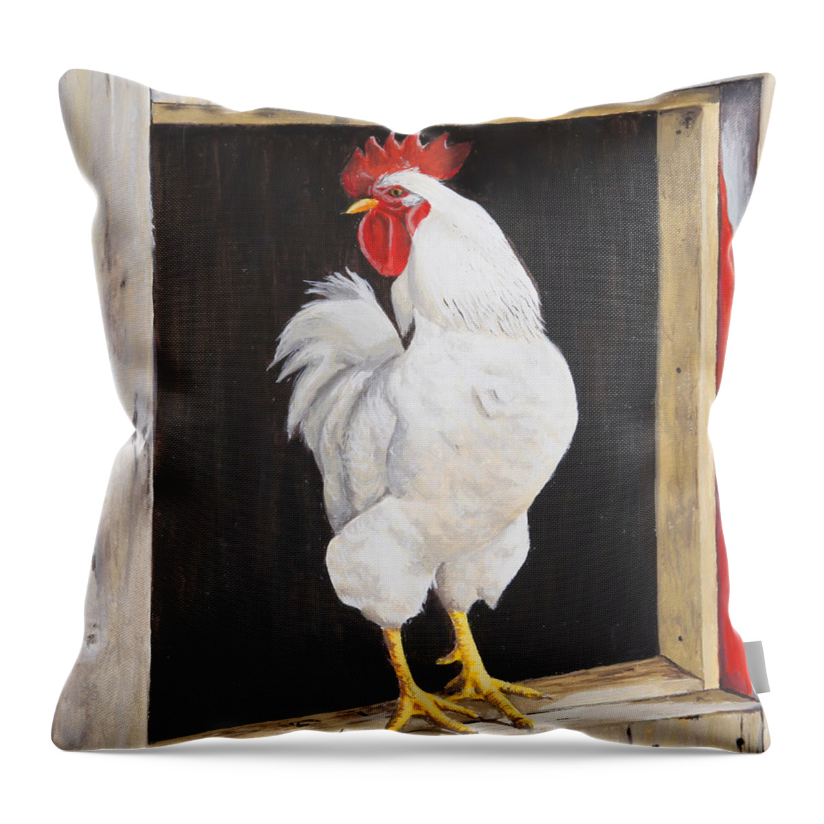 Rooster Perched At His Coop Throw Pillow featuring the painting Wake Up Call by Tammy Taylor