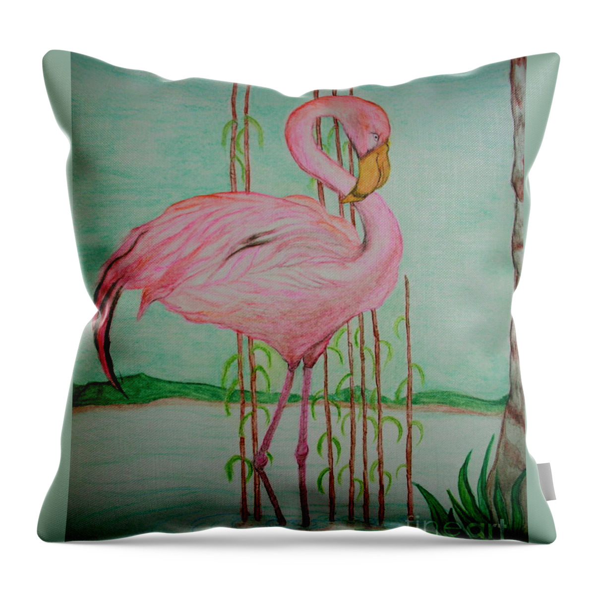 Watercolor Pencil Drawings. Pink Flamingo Drawings. Flamingos. Throw Pillow featuring the painting Watercolor Pencil Flamingo by Christina A Pacillo