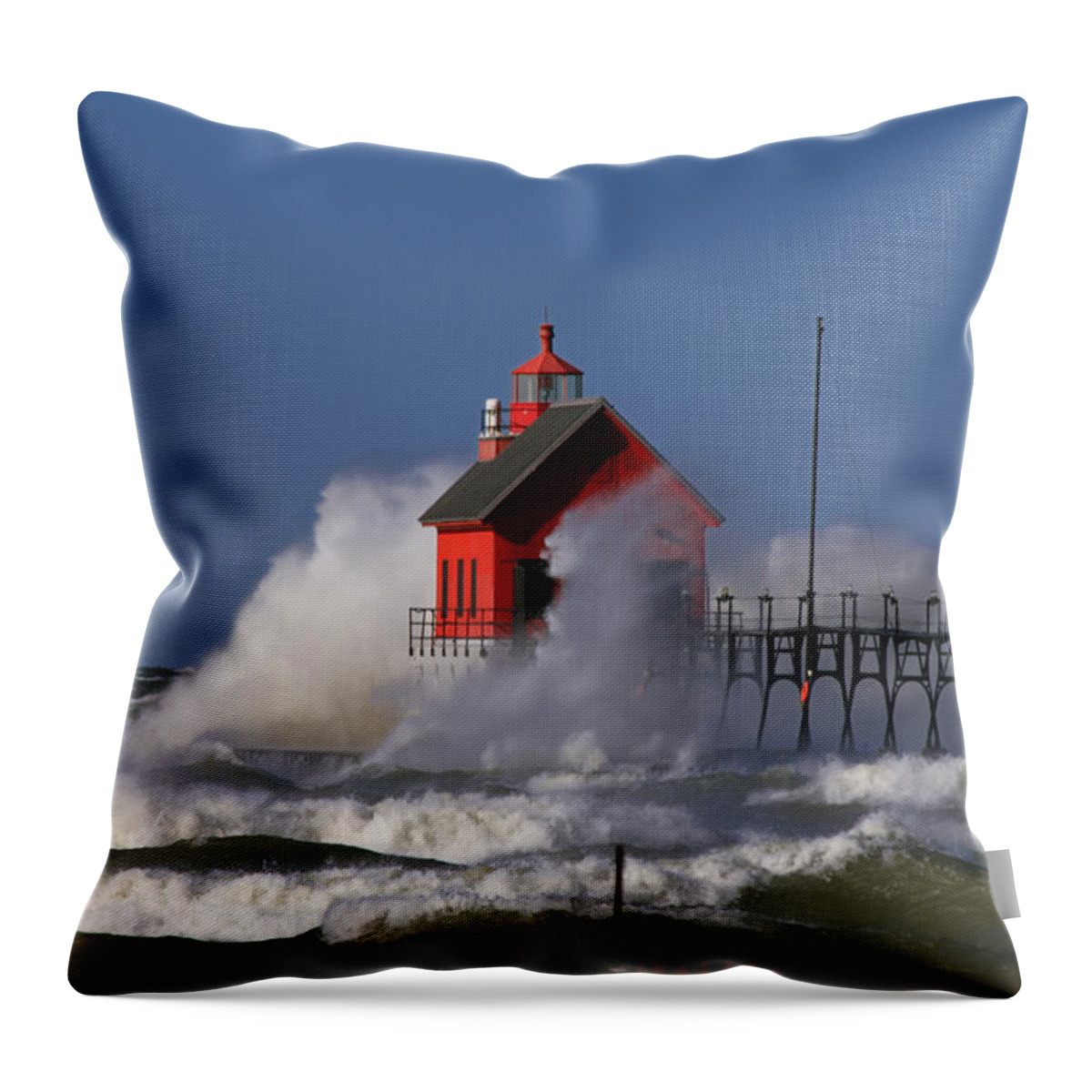 Lighthouse Throw Pillow featuring the photograph Waves Over the Grand Haven Outer Light by Richard Gregurich