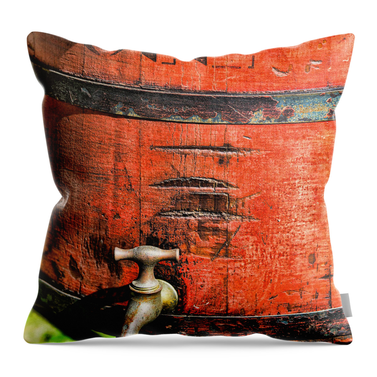 Weathered Red Oil Bucket Throw Pillow featuring the photograph Weathered Red Oil Bucket by Paul Ward