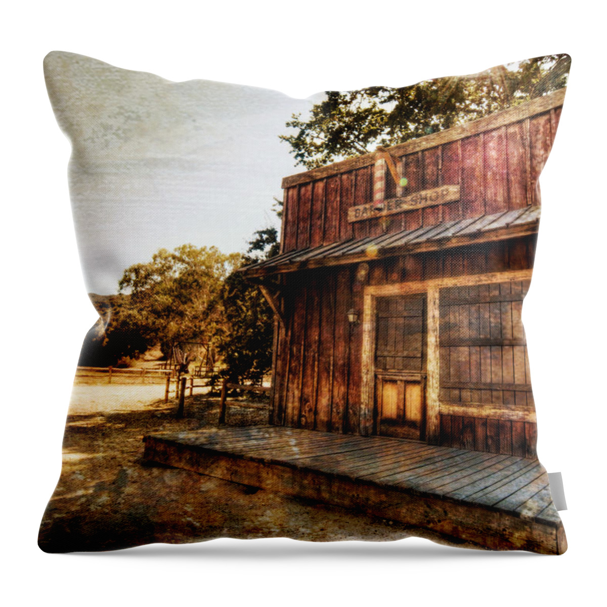 Western Throw Pillow featuring the photograph Western Barber Shop by Natasha Bishop
