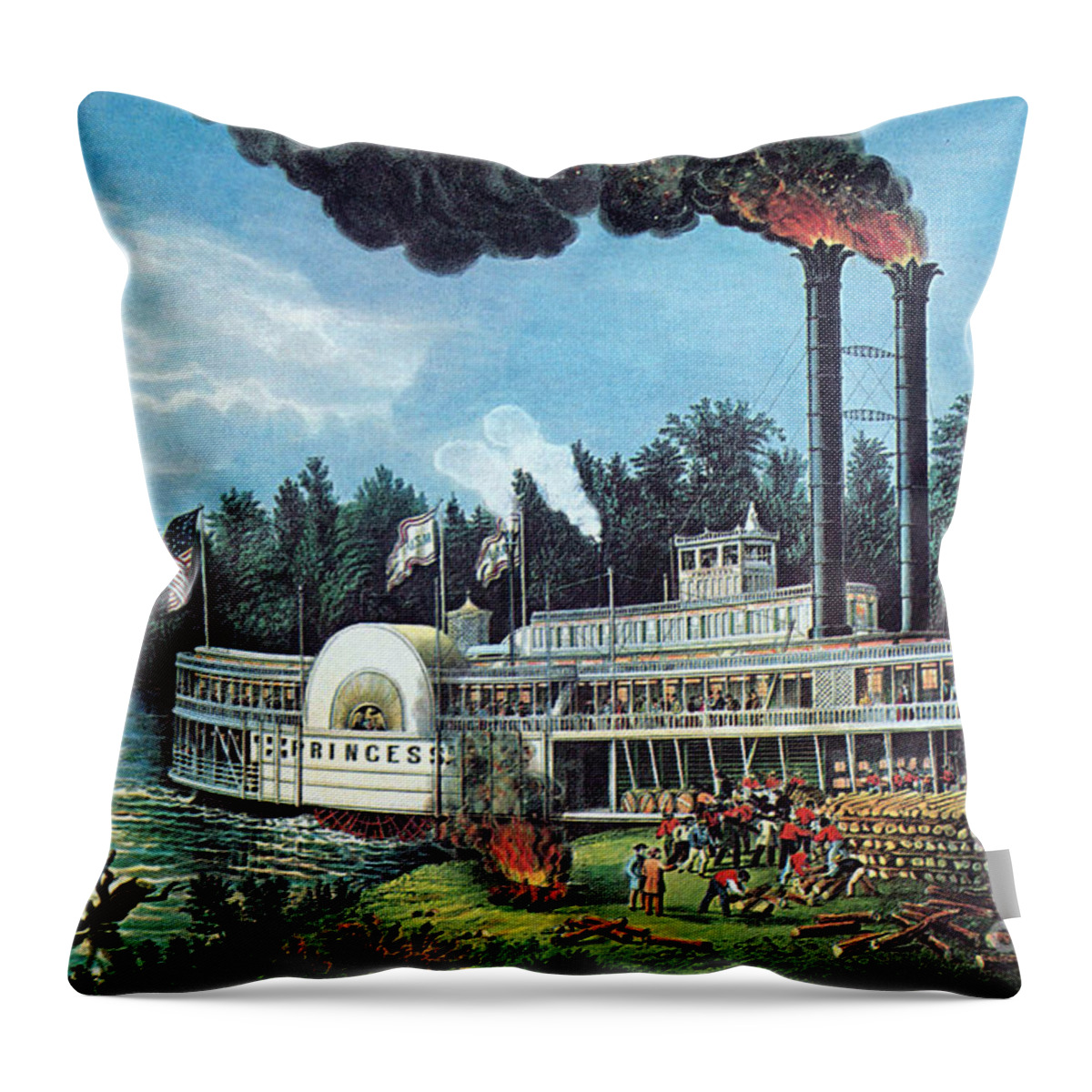 Artwork Throw Pillow featuring the photograph Wooding Up On The Mississippi 1863 by Photo Researchers