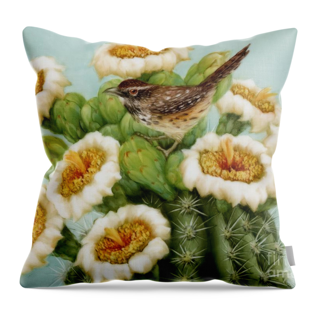 Wren Throw Pillow featuring the painting Wren and Saguaro Blossoms by Summer Celeste