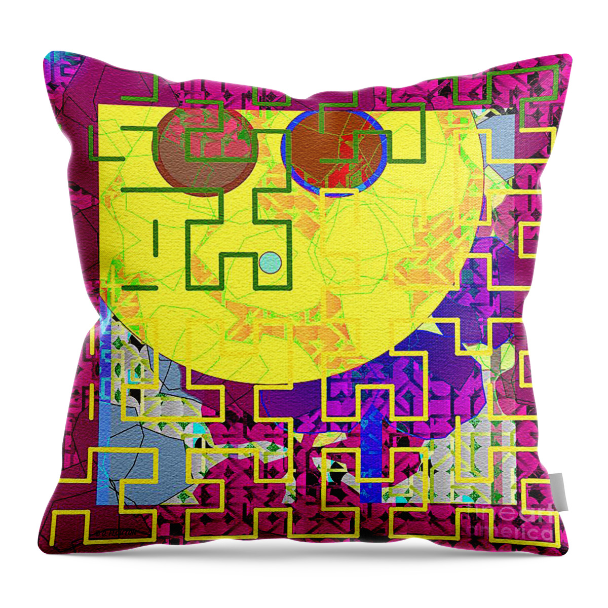 Ebsq Throw Pillow featuring the digital art Yellow Face Maze by Dee Flouton