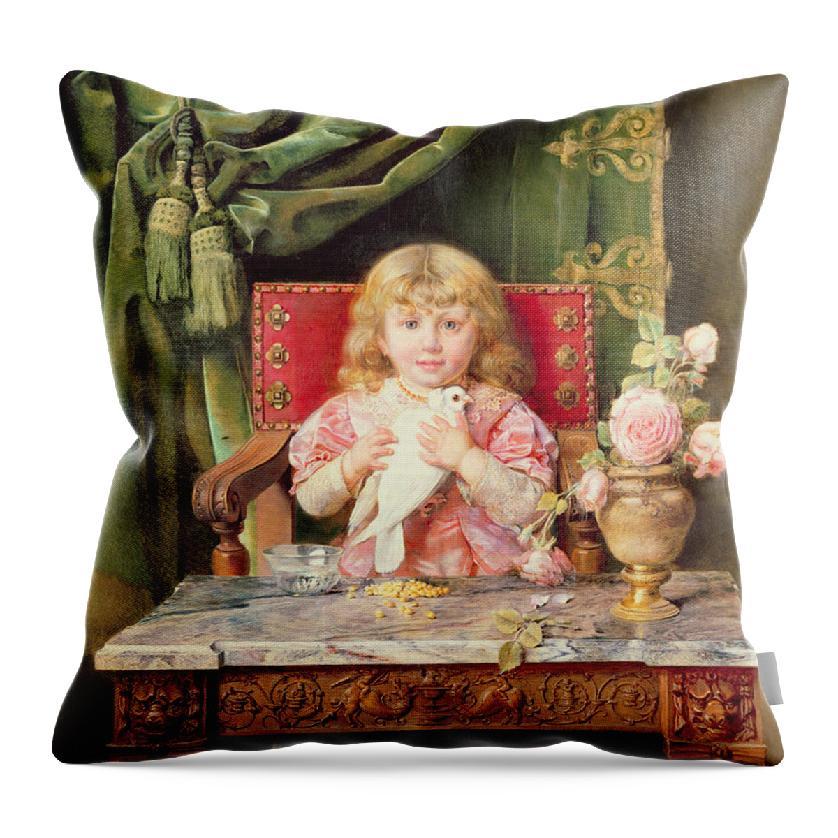 Young Throw Pillow featuring the painting Young girl with a dove  by Ignacio Leon y Escosura