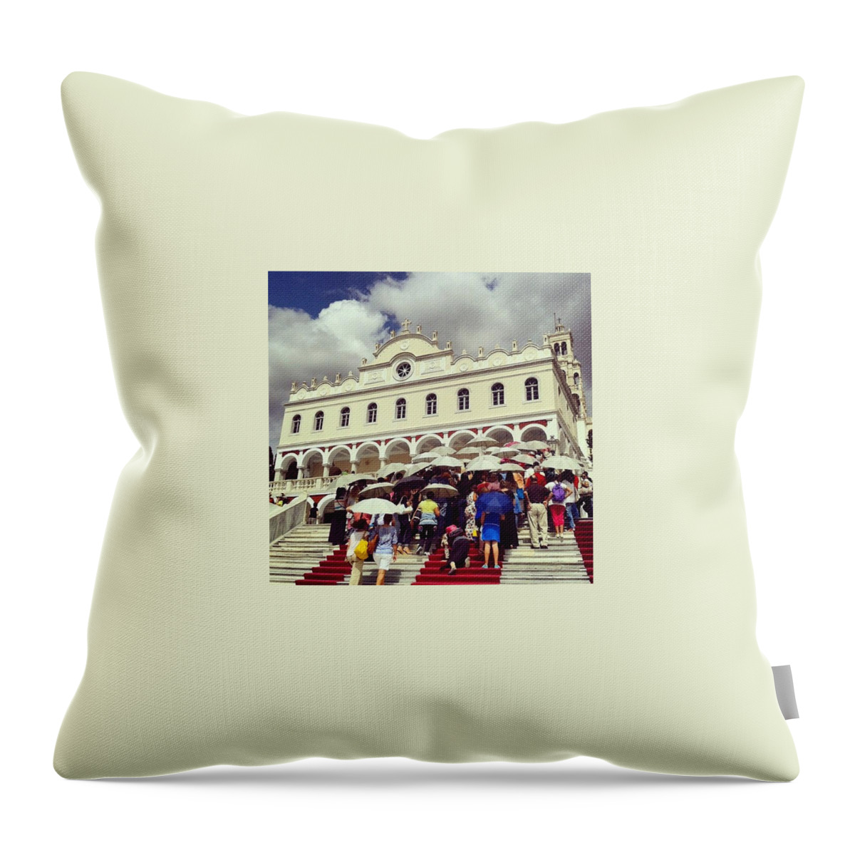 Tinos Island Throw Pillow featuring the photograph Mass pilgrimage by Debbie Theodosiou