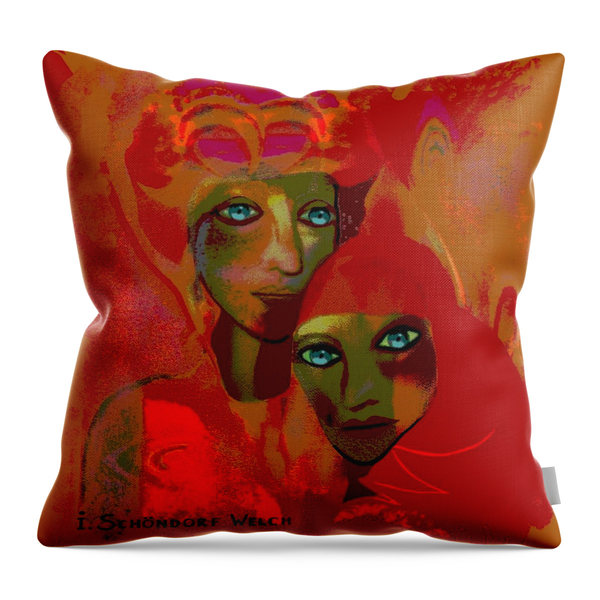 Woman Throw Pillow featuring the painting 312 - Women with turquoise eyes ...  #312 by Irmgard Schoendorf Welch