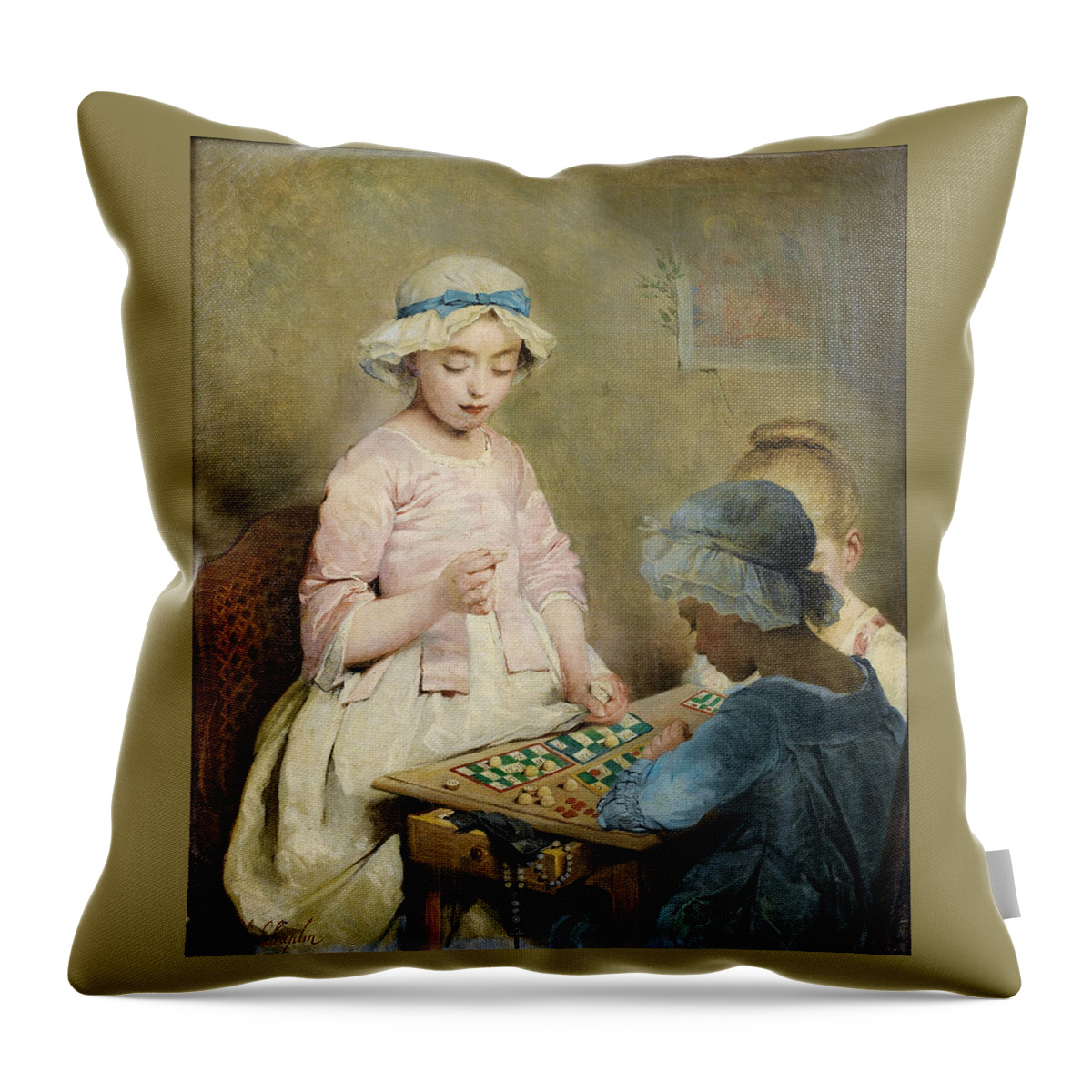 Charles Chaplin 1825 - 1891 Girls Playing Loto Throw Pillow featuring the painting Girls Playing Loto by MotionAge Designs