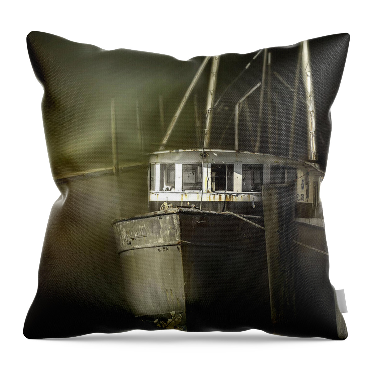 Stell Hulled Commercial Fishing Boat Throw Pillow featuring the photograph  Grey Dragger by Mary Clough