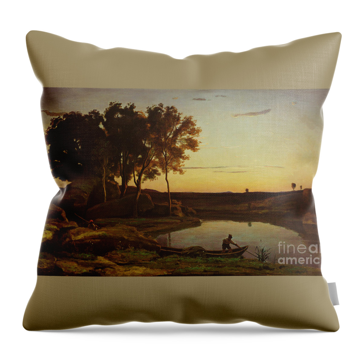 Jean-baptiste-camille Corot Throw Pillow featuring the painting Landscape With Lake And Boatman by MotionAge Designs