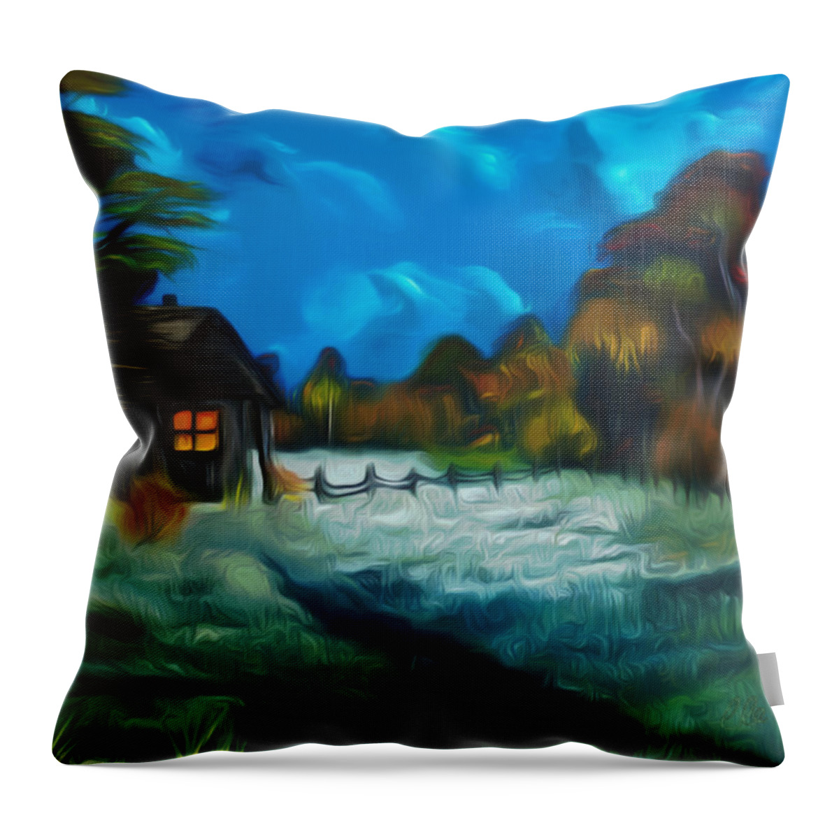 Farm Throw Pillow featuring the painting Little Pig's Barn In The Moonlight Dreamy Mirage by Claude Beaulac