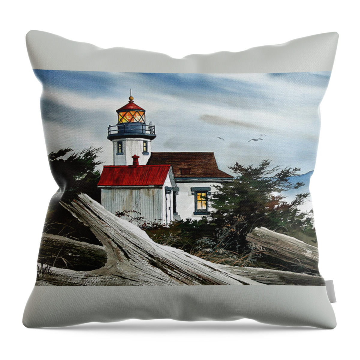 Lighthouse Fine Art Print Throw Pillow featuring the painting Point Robinson Lighthouse and Mt. Rainier by James Williamson