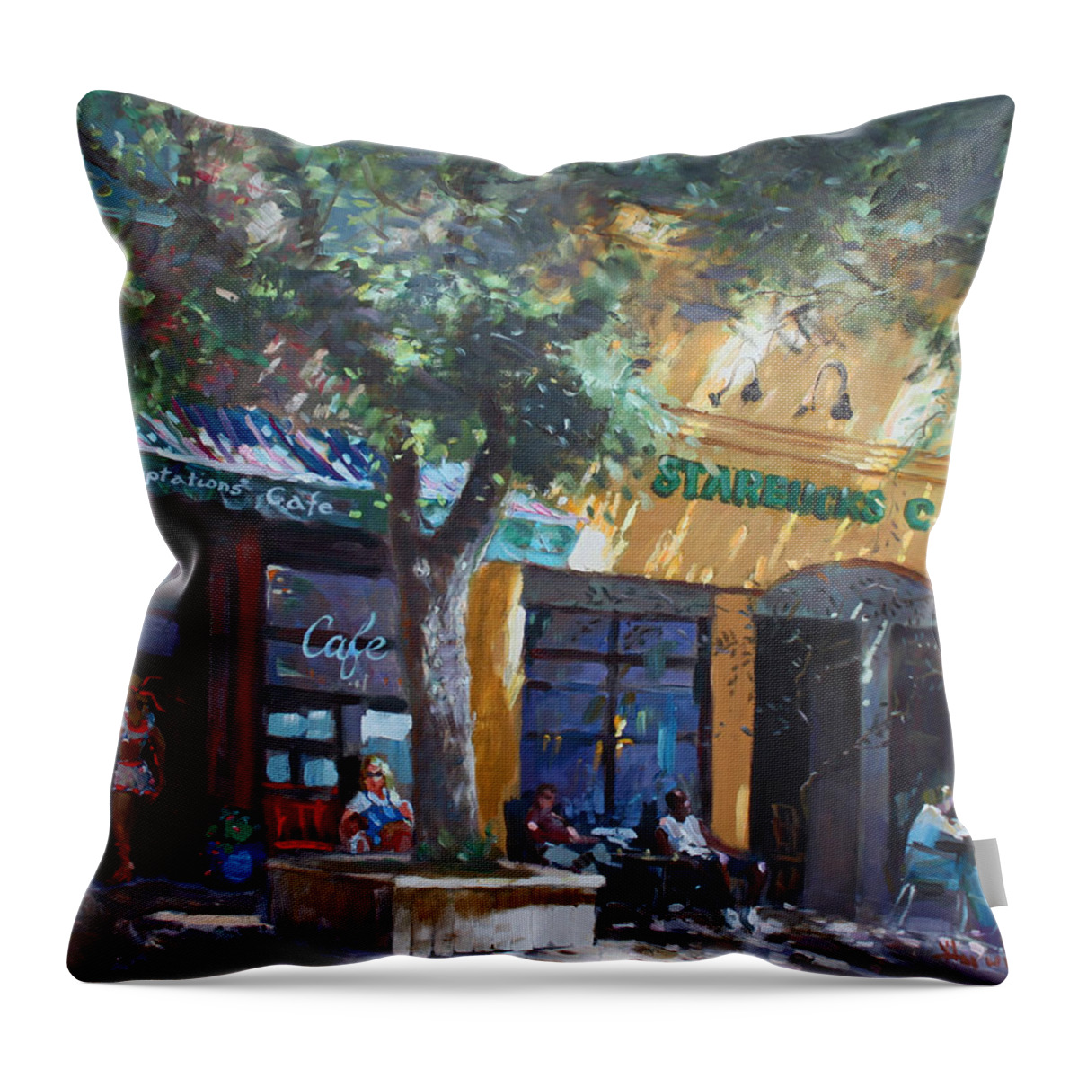 Starbucks Coffee Throw Pillow featuring the painting Starbucks Hangout by Ylli Haruni
