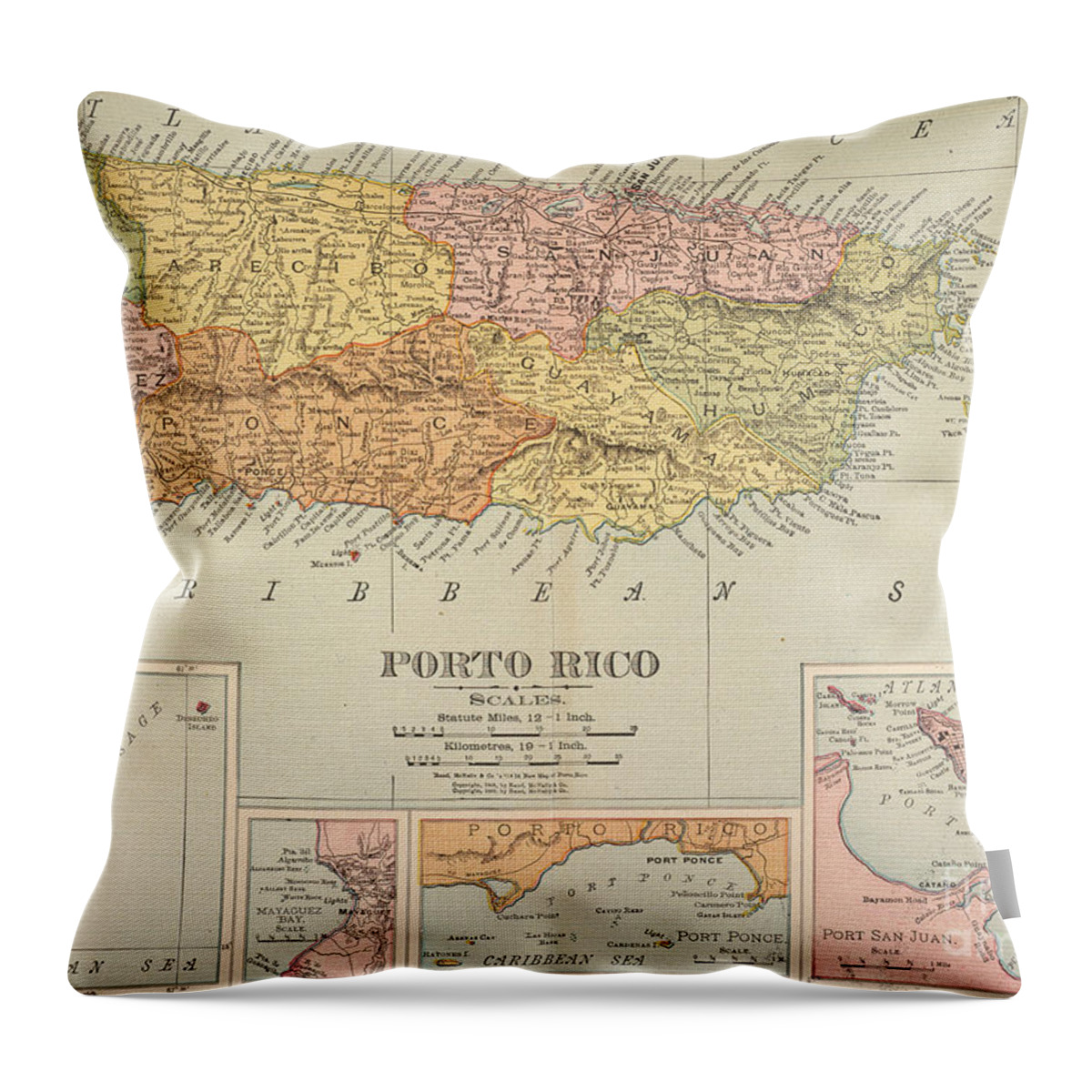1900 Throw Pillow featuring the painting Map: Puerto Rico, 1900 #0065389 by Granger