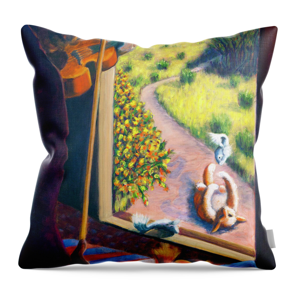 Cat Throw Pillow featuring the painting 01349 The Cat and The Fiddle by AnneKarin Glass