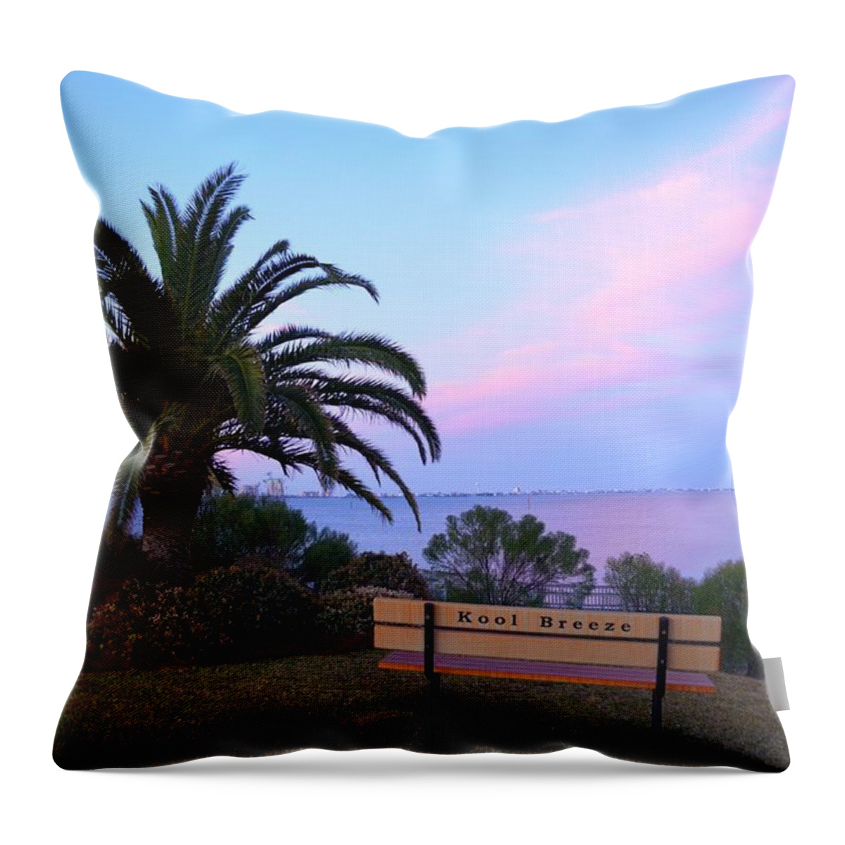 20120224 Throw Pillow featuring the photograph 0224 Kool Breeze Bench at Sunrise on Sound by Jeff at JSJ Photography