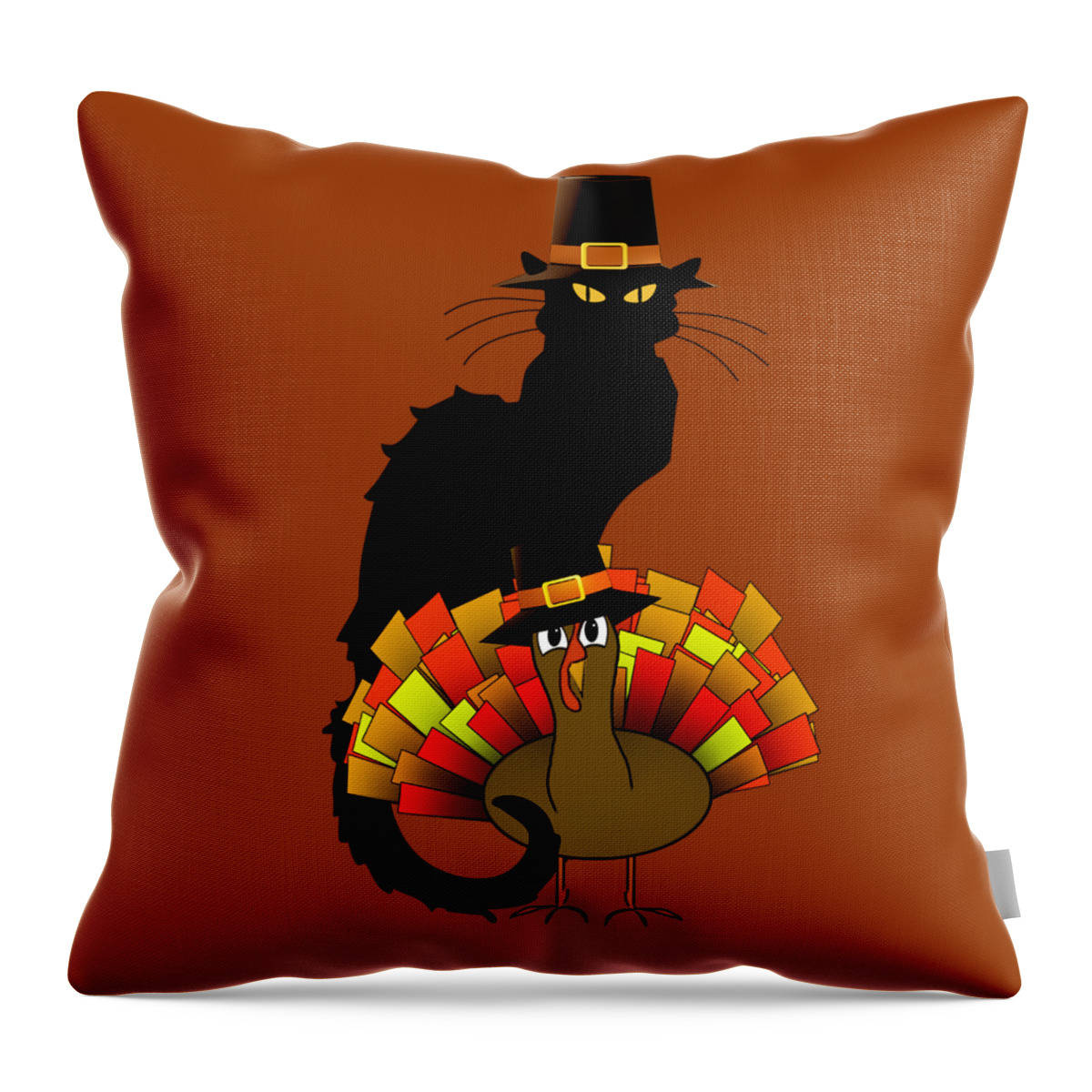 Thanksgiving Throw Pillow featuring the digital art Thanksgiving Le Chat Noir With Turkey Pilgrim by Gravityx9 Designs