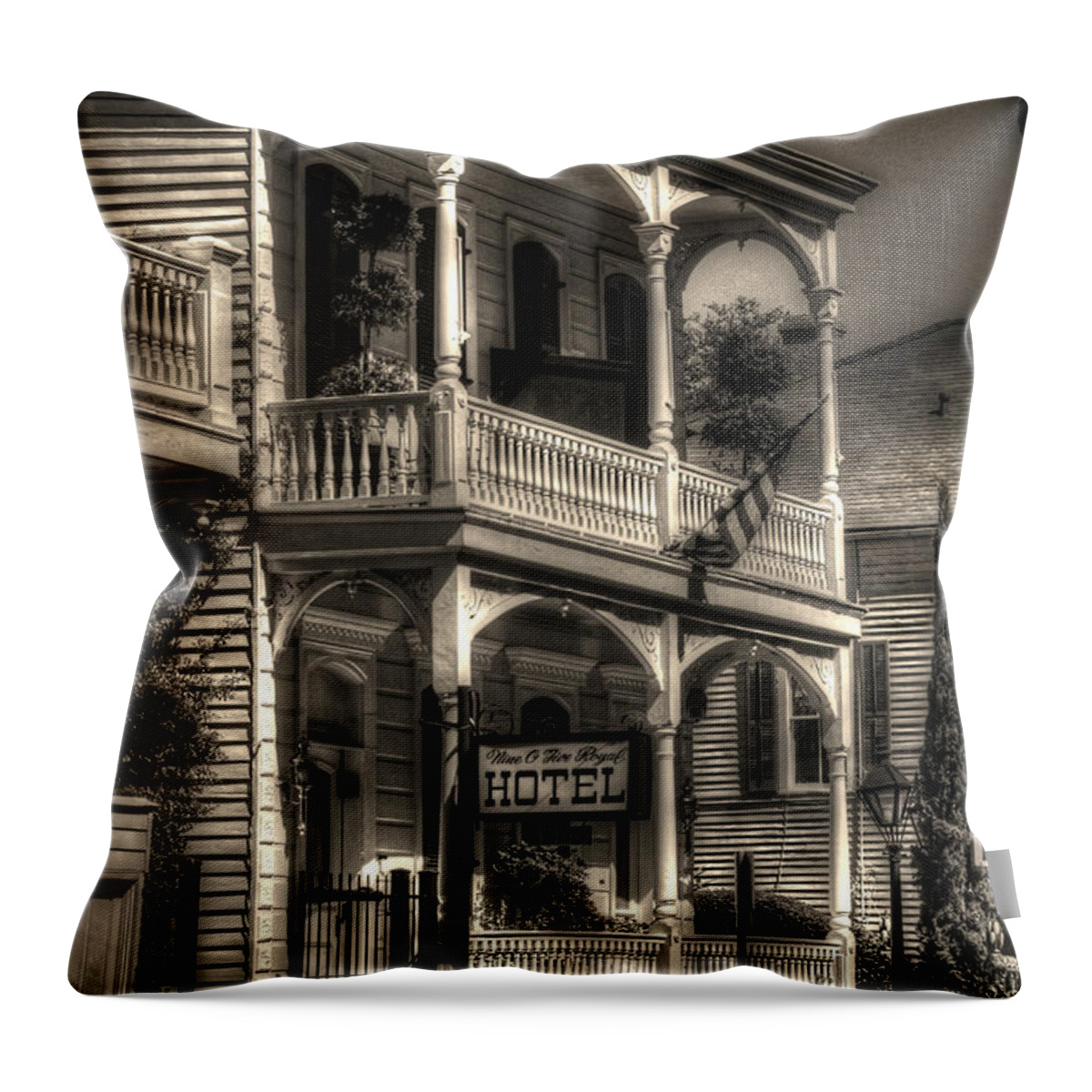 New Orleans French Quarter Throw Pillow featuring the photograph 905 Royal Hotel #1 by Greg and Chrystal Mimbs