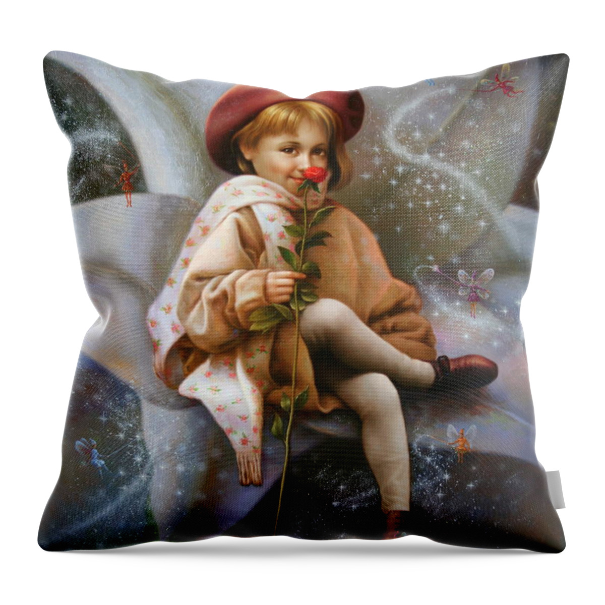 Original Throw Pillow featuring the painting A Girl And A Fairy Of 7 #1 by Yoo Choong Yeul