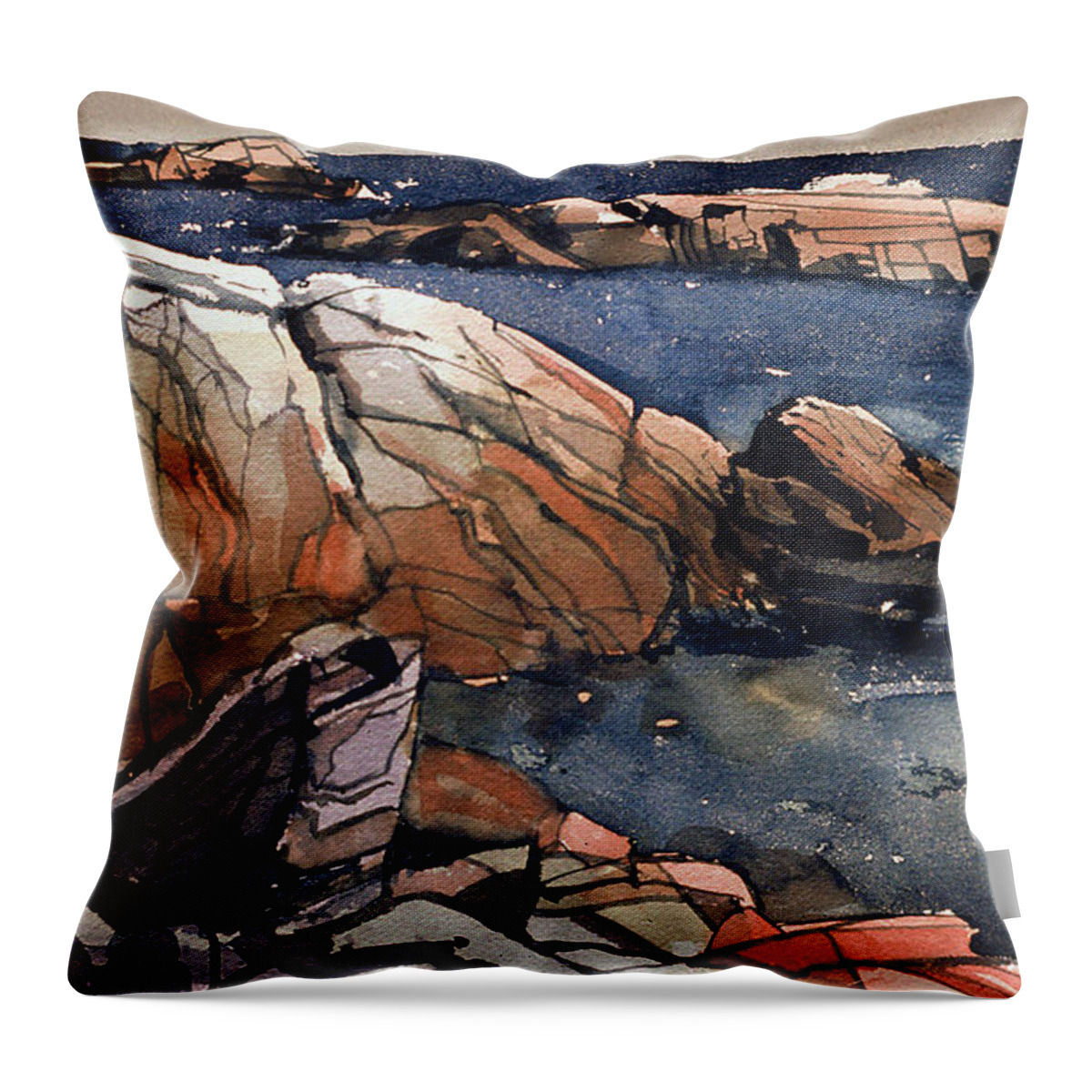 Acadia Throw Pillow featuring the painting Acadia Rocks #1 by Donald Maier