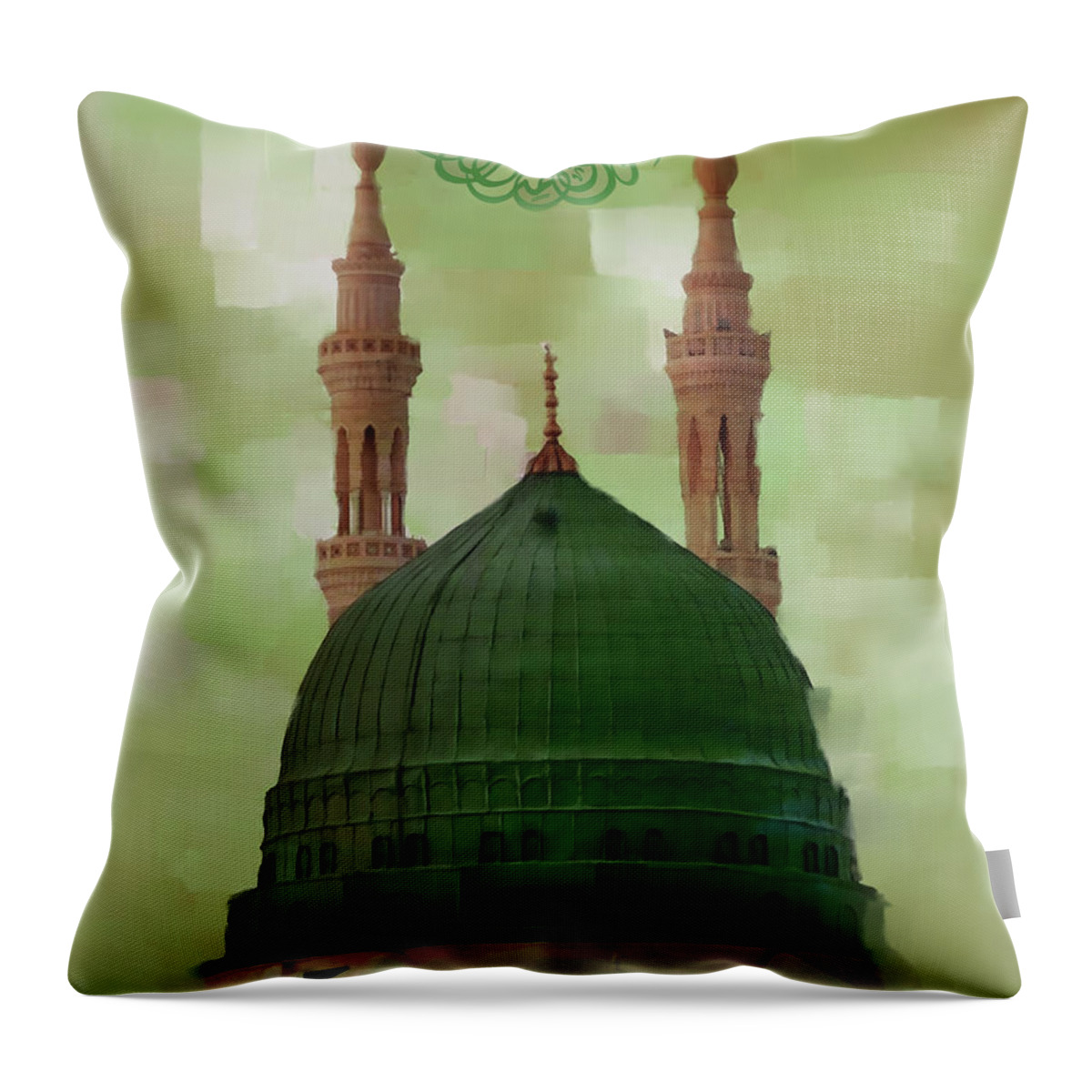 Kufic Calligraphy Throw Pillow featuring the painting Al Masjid An Nabawi #1 by Gull G