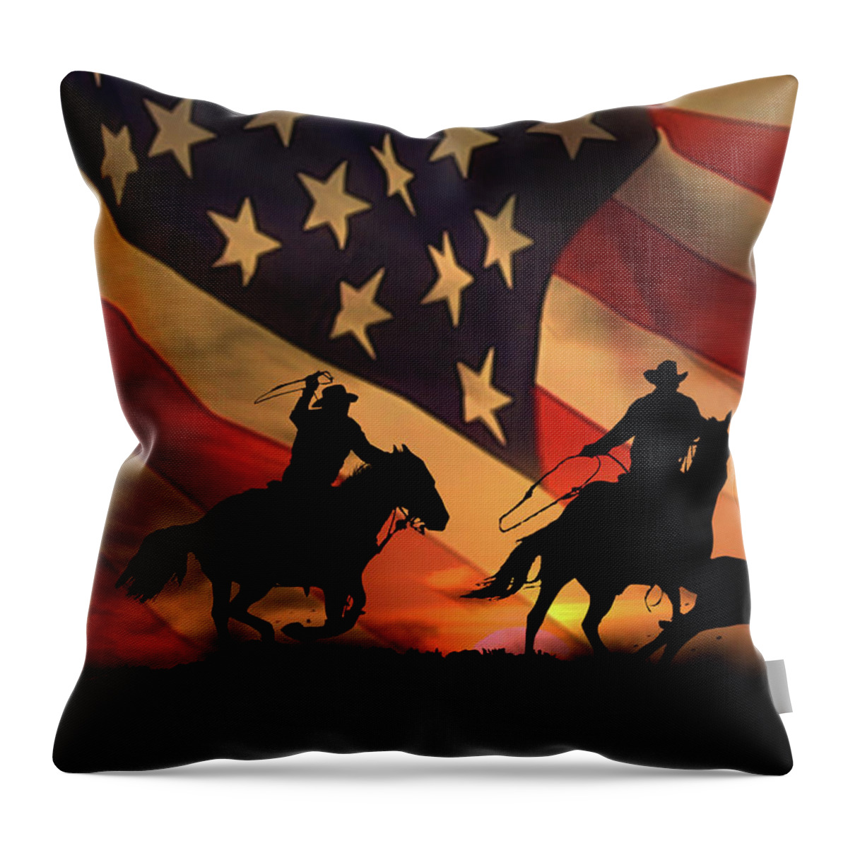 Western Throw Pillow featuring the photograph American Cowboy, Team Ropers with American Flag by Stephanie Laird