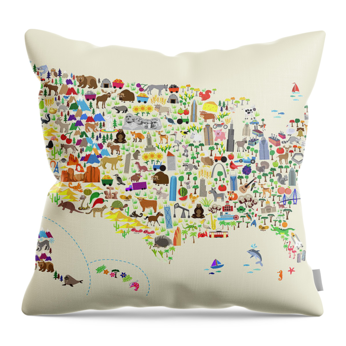Usa Map Throw Pillow featuring the digital art Animal Map of United States for children and kids #1 by Michael Tompsett