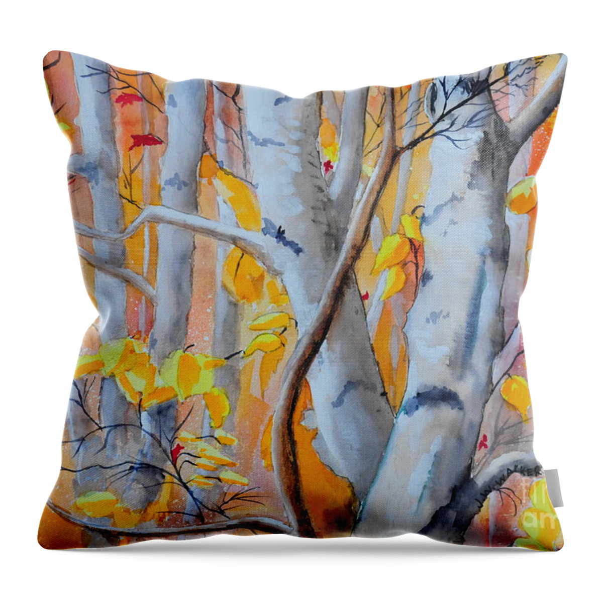 Autumn Throw Pillow featuring the painting Autumn Birch #1 by John W Walker