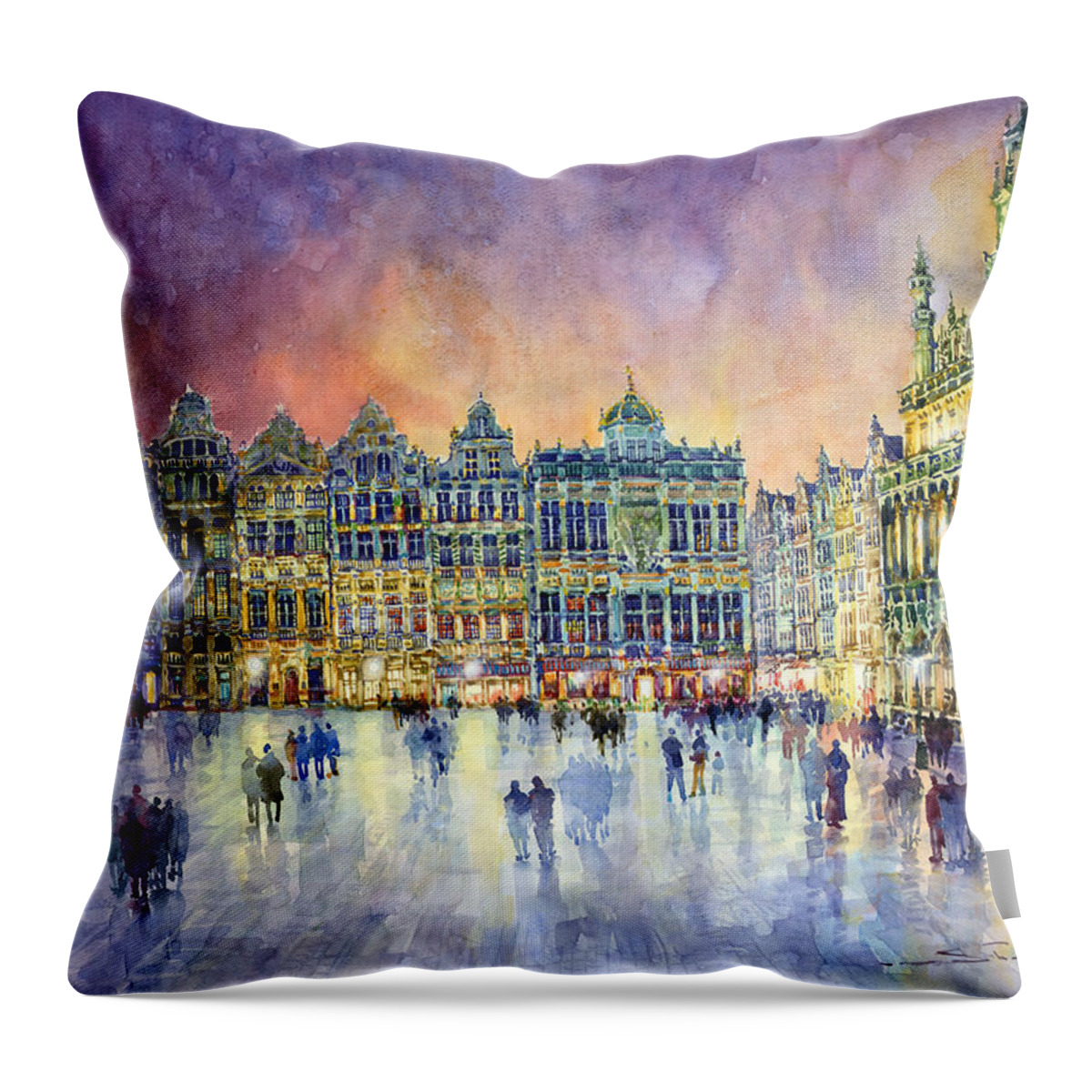 Watercolor Throw Pillow featuring the painting Belgium Brussel Grand Place Grote Markt #2 by Yuriy Shevchuk
