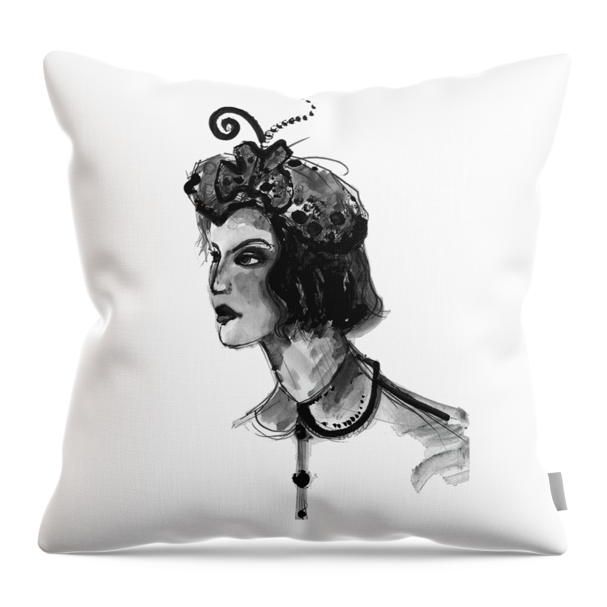 Marian Voicu Throw Pillow featuring the painting Black and white watercolor fashion illustration #1 by Marian Voicu