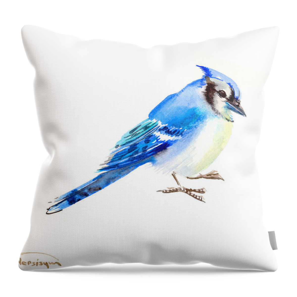 Blue Jay Throw Pillow featuring the painting Blue Jay #1 by Suren Nersisyan