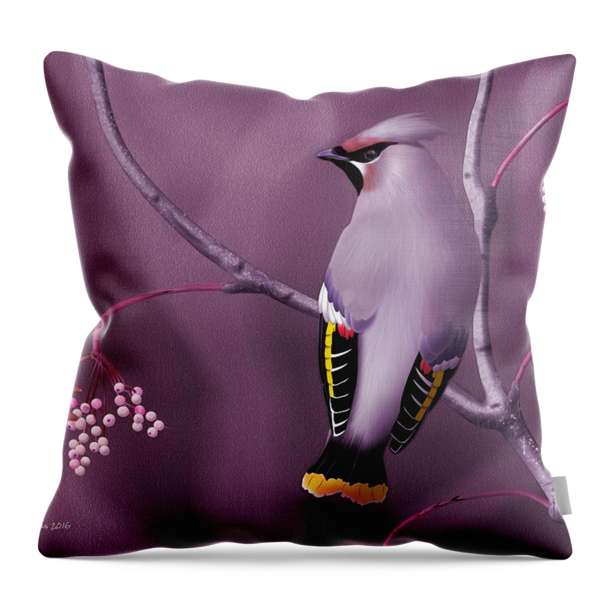 Birds Throw Pillow featuring the digital art Bohemian Waxwing #1 by John Wills