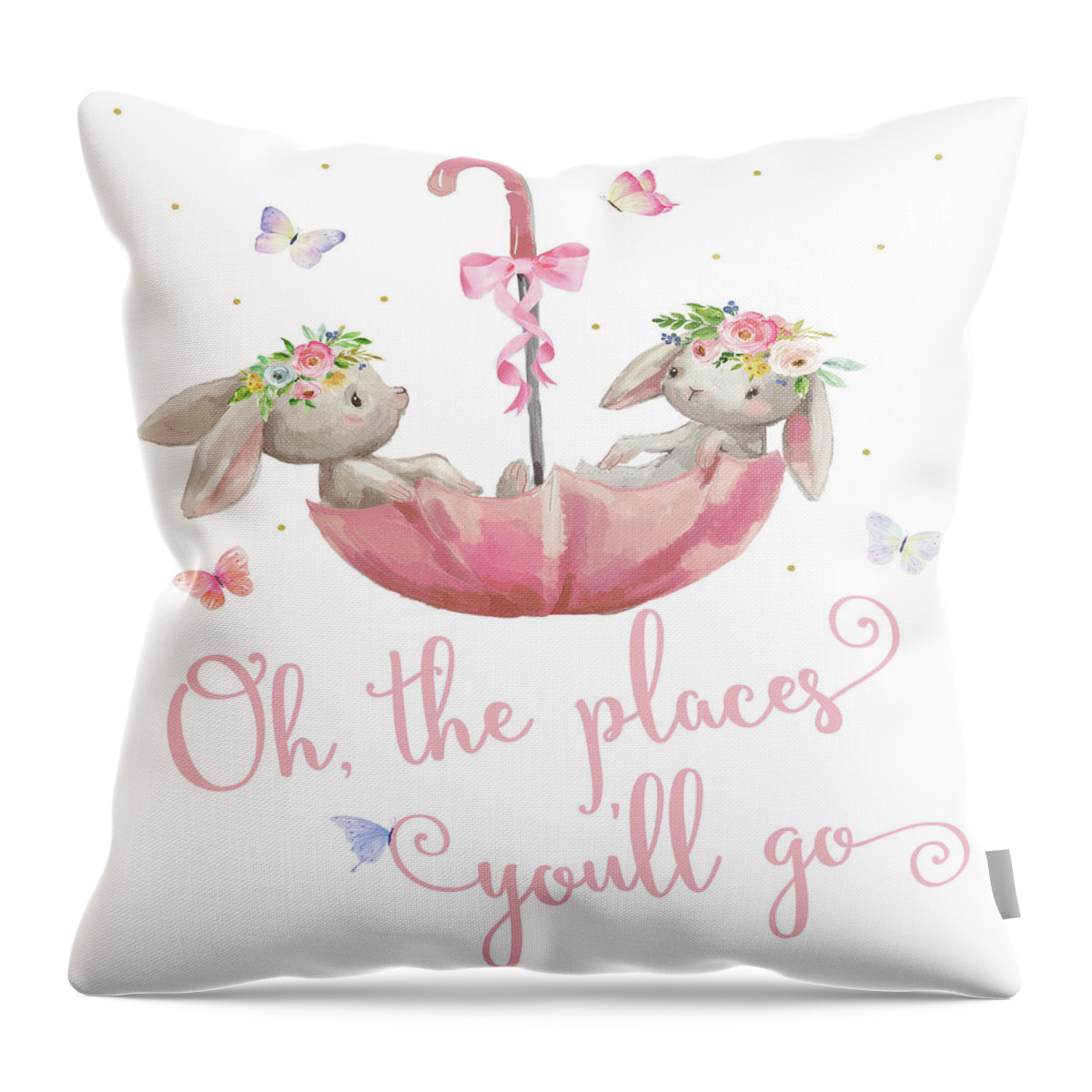 Oh The Places You'll Go Throw Pillow featuring the digital art Boho Bunny Rabbits Bunnies Umbrella Watercolor Nursery Wall Art Print Pillow #1 by Pink Forest Cafe