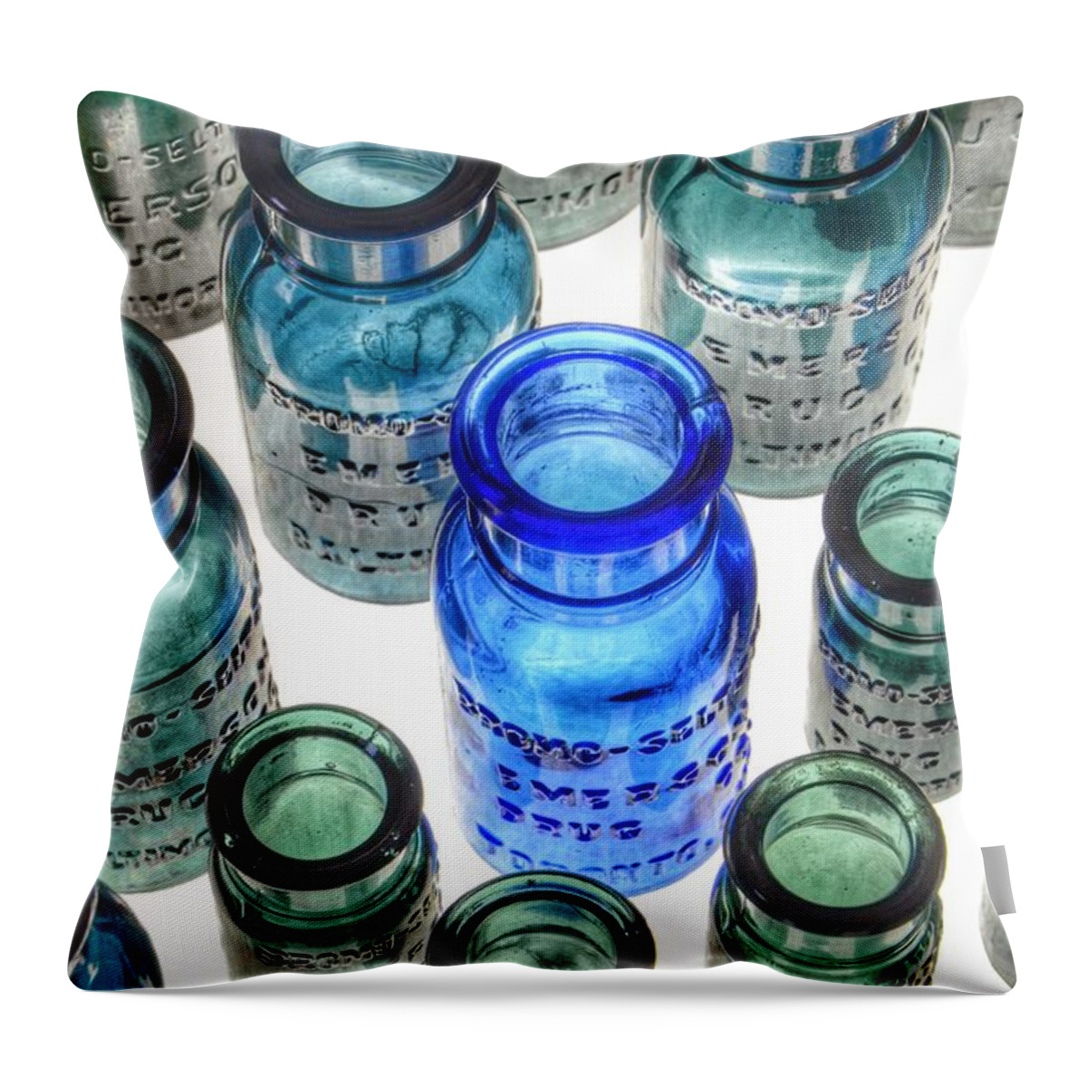 Bromo Seltzer Vintage Glass Bottles Throw Pillow featuring the photograph Bromo Seltzer Vintage Glass Bottles Collection - Rare Greens #1 by Marianna Mills