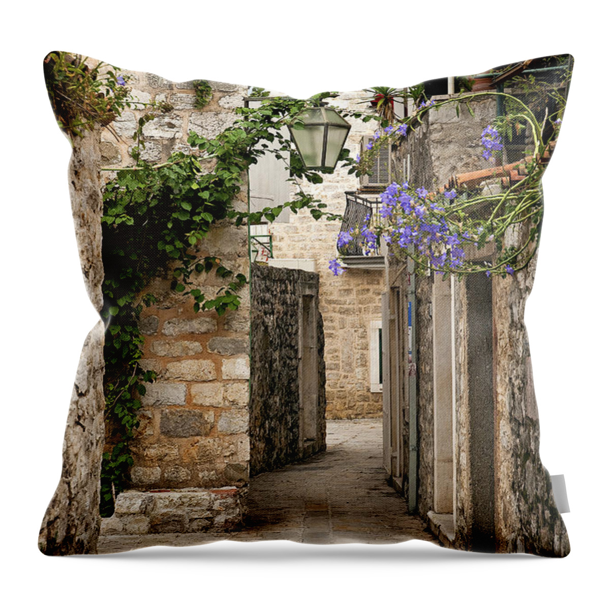 Adriatic Throw Pillow featuring the photograph Budva Old Town Cobbled Street In Montenegro #1 by JM Travel Photography
