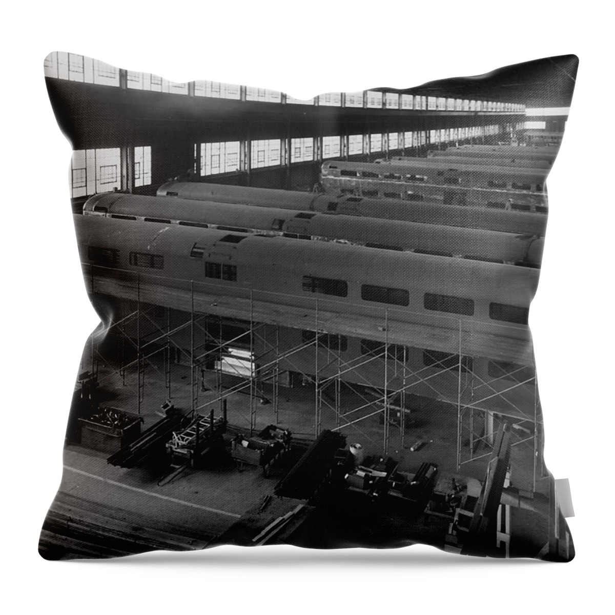 Passenger Trains Throw Pillow featuring the photograph Building Bilevel Cars at Pullman - 1959 #2 by Chicago and North Western Historical Society