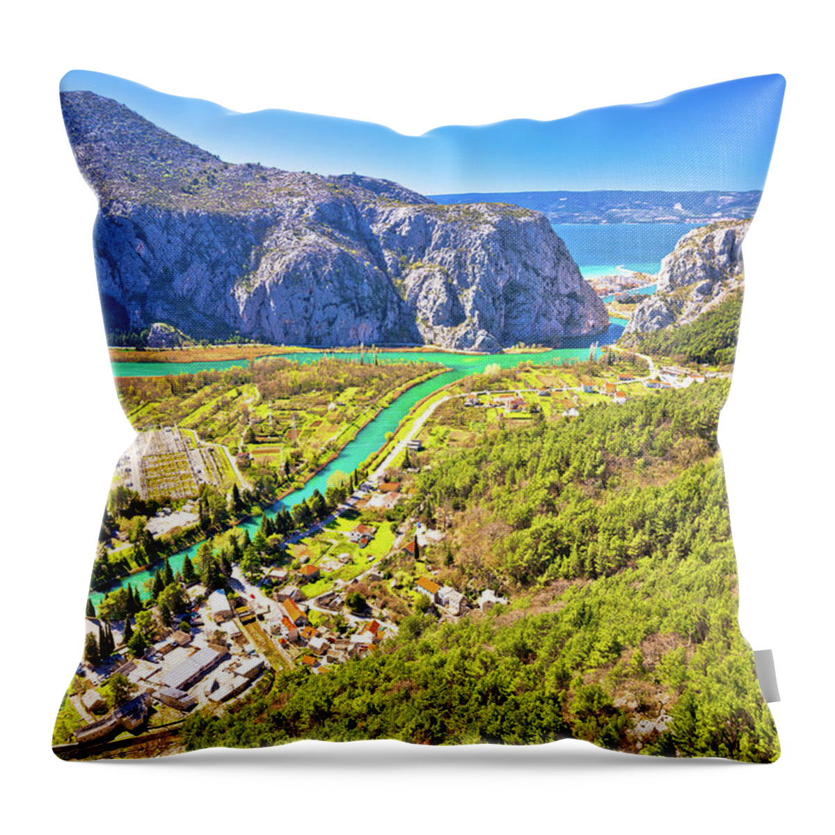 Omis Throw Pillow featuring the photograph Cetina river canyon and mouth in Omis view from above #1 by Brch Photography