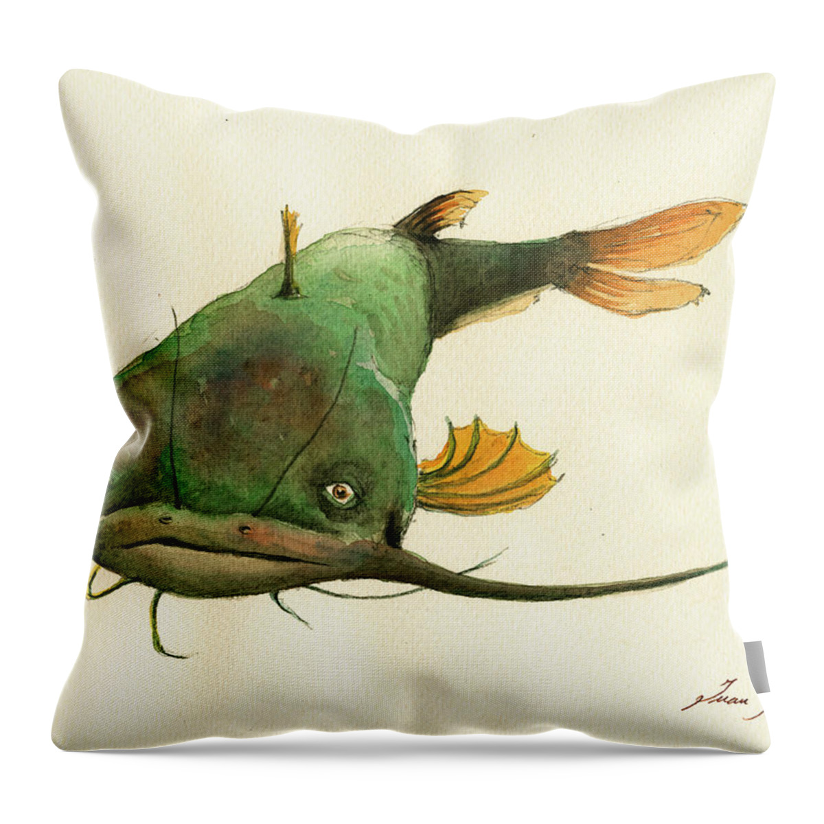 Channel Catfish Throw Pillow featuring the painting Channel Catfish fish animal watercolor painting #1 by Juan Bosco