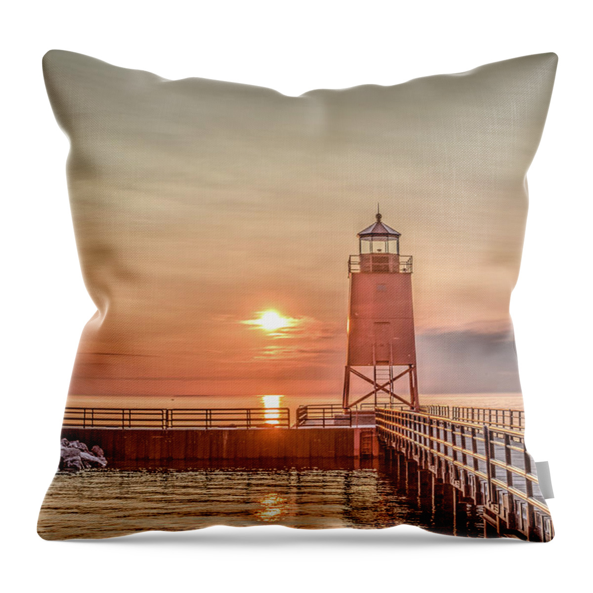 Lake Michigan Throw Pillow featuring the photograph Charelvoix Lighthouse in Charlevoix, Michigan #1 by Peter Ciro