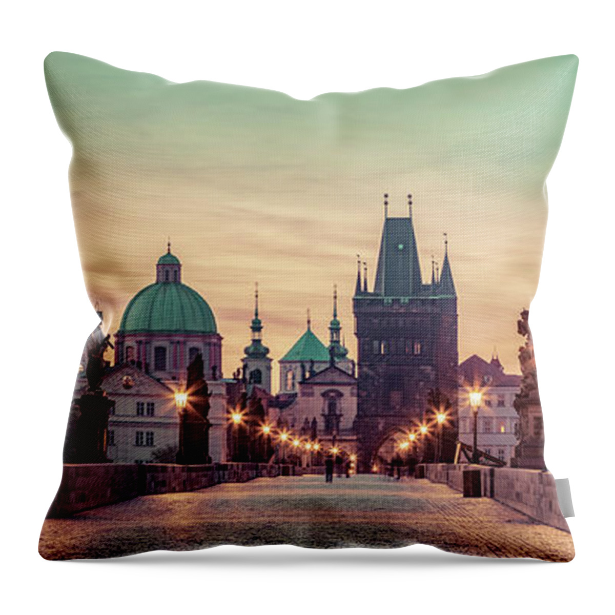 Prague Throw Pillow featuring the photograph Charles Bridge at sunrise, Prague, Czech Republic. Dramatic statues and medieval towers. #1 by Michal Bednarek