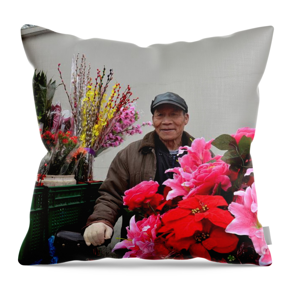 Flowers Throw Pillow featuring the photograph Chinese bicycle flower vendor on street Shanghai China #2 by Imran Ahmed