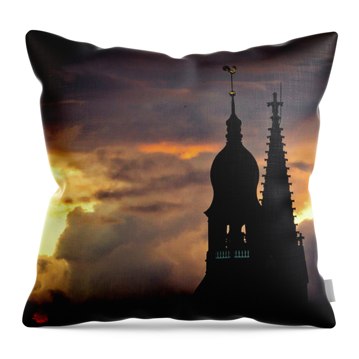 Cities Throw Pillow featuring the photograph Cloudscape of orange sunset old town Riga Latvia #1 by Raimond Klavins