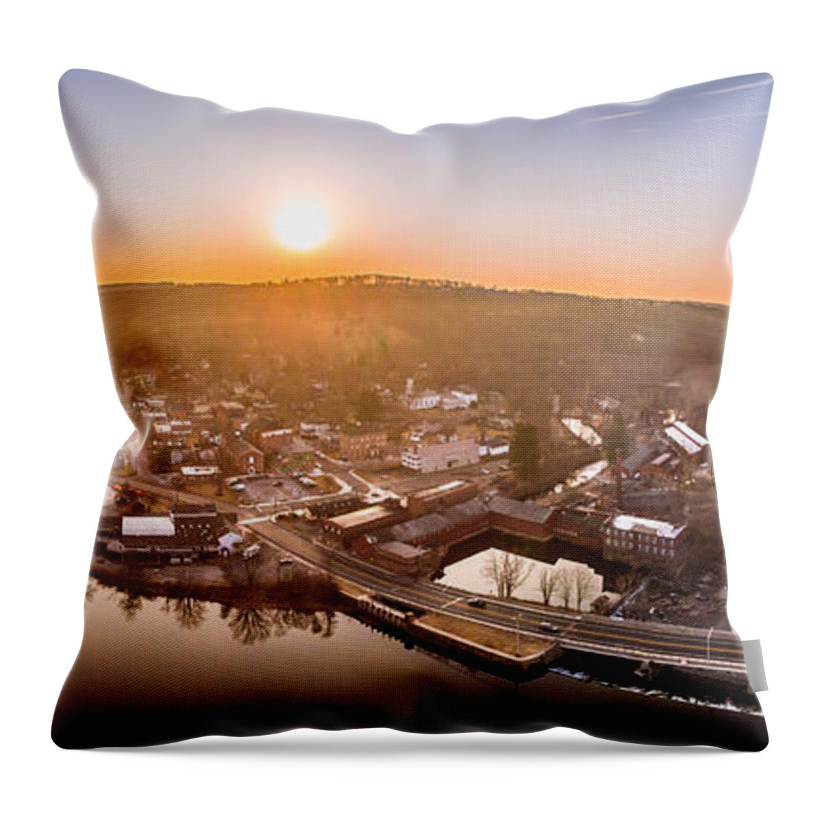 Collinsville Throw Pillow featuring the photograph Colinsville, Connecticut Sunrise Panorama #1 by Mike Gearin