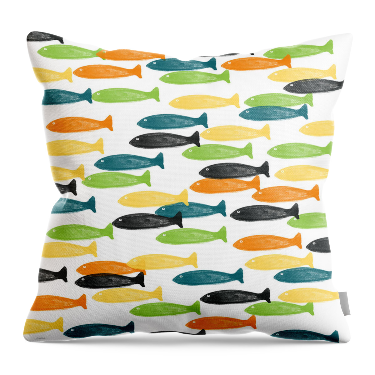 Fish Pond River Fishing Blue Green Orange Yellow Fish Pattern Art For Kids Room Dorm Room Art Cabin Art Hunting And Fishing Modern Fish Abstract Fish Art Outdoors Bedroom Art Kitchen Art Living Room Art Gallery Wall Art Art For Interior Designers Hospitality Art Set Design Wedding Gift Art By Linda Woods Throw Pillow featuring the painting Colorful Fish #1 by Linda Woods