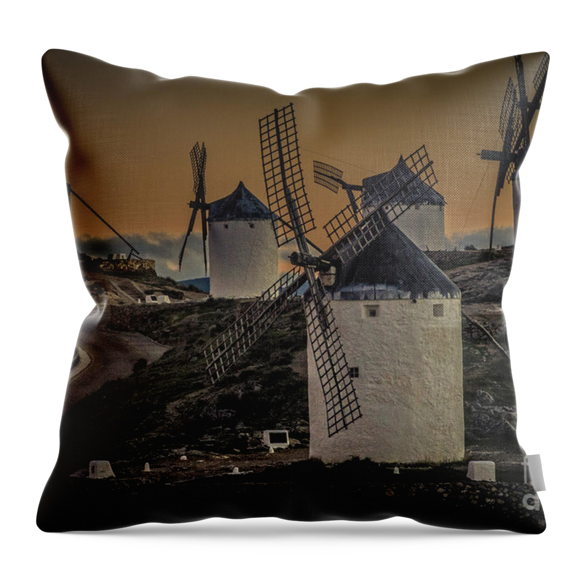 Windmills Throw Pillow featuring the photograph Consuegra Windmills 2 by Heiko Koehrer-Wagner