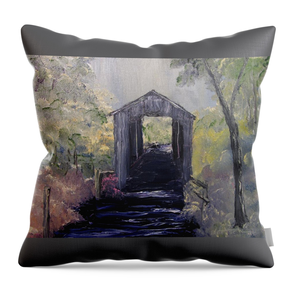 Trees Throw Pillow featuring the painting Covered Bridge 1 #1 by David Bartsch